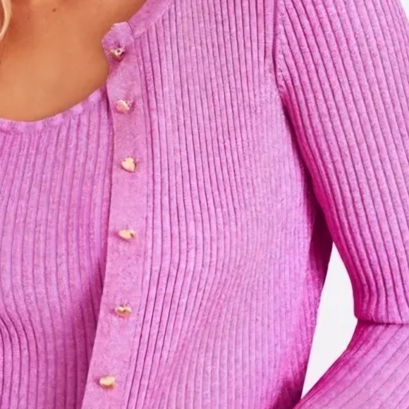 Love Shack Fancy Hill Cardigan Ribbed Metallic Orchid Heart Buttons - Picture 4 of 9